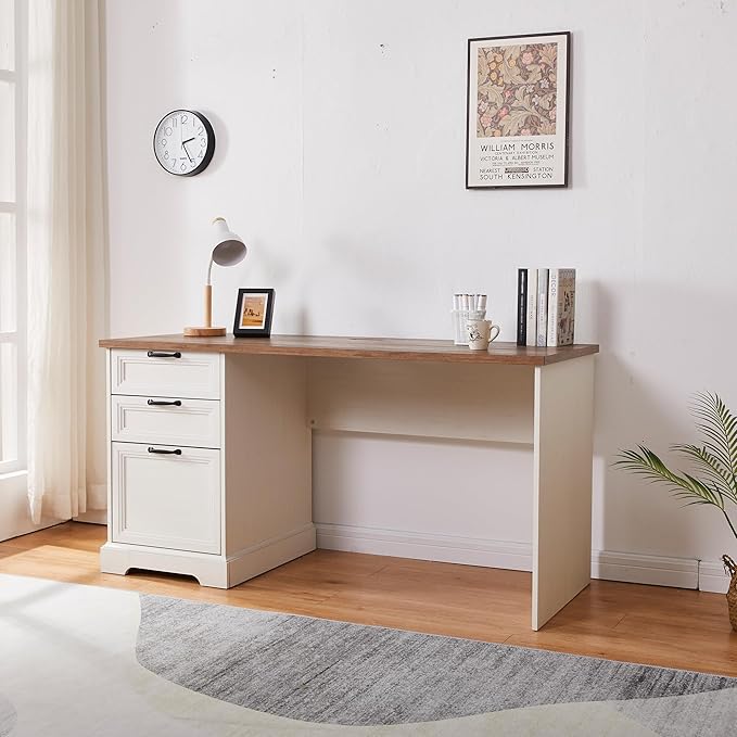 60 Farmhouse Executive Desk with Charging StationHome Office Desk with 2 Drawers &amp1 File CabinetWood Work Desk for Office and Home