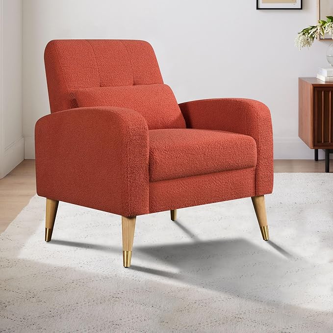 Dolonm Mid-Century Modern Accent Chair Upholstered Armchair Living Room Chair Comfy Single Sofa Chair with Sturdy Legs for Living Room Bedroom Red