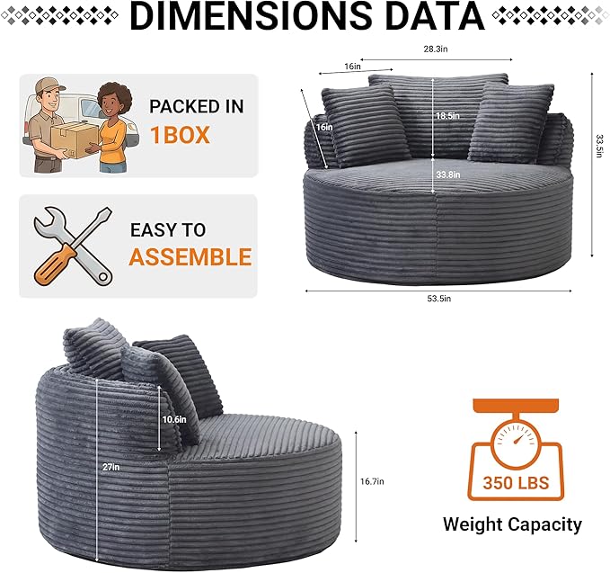 54-inch Oversized Round Chaise Longue Chair Indoor Modern Upholstered Corduroy Deep Seat Circle Cloud Chair Single Boneless Reading Chair for Living Room Bedroom Apartment Gray