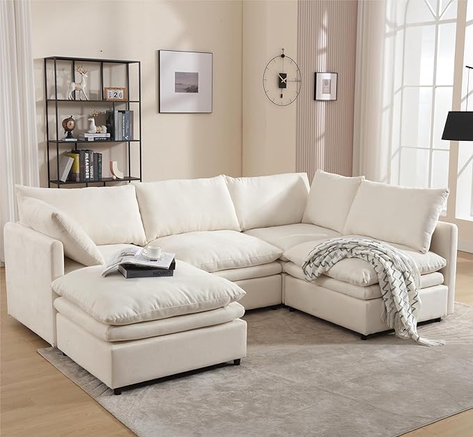 kevinplus 129.92'' Modular Sectional Sofa Couch with Convertible Ottoman for Living Room Modern Contemporary 4-Seat L-Shape U-Shape Upholstered Sofa Couch Free Combination Polyester Fabric Beige