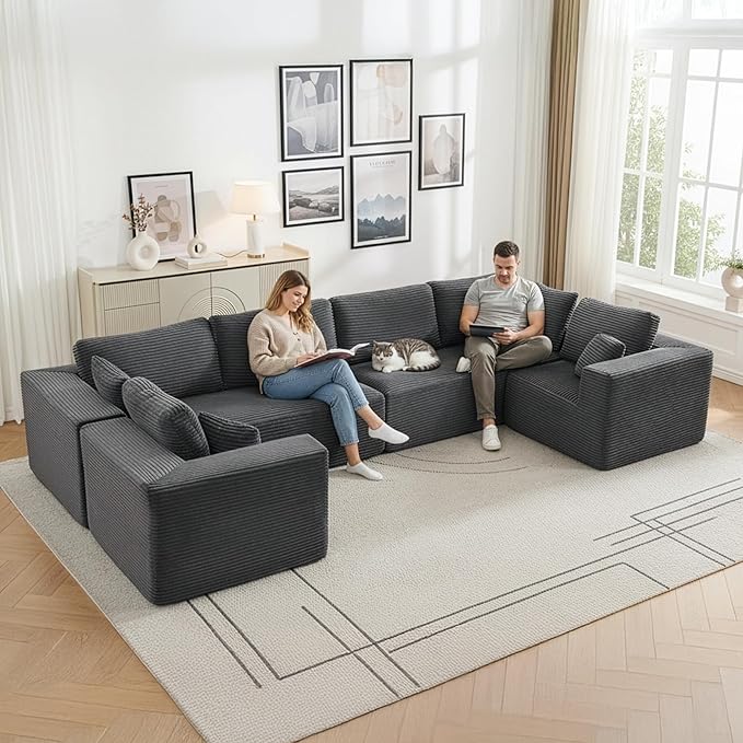 Modular Sectional Cloud Couch for Living RoomModern Boneless Couche Set with Plush CorduroyComfy Floor Sofa with Memory FoamStupendous U Shaped SofaNo Assembly RequiredGrey