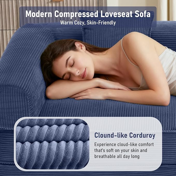 78 Convertible Sleeper Sofa Bed Modular Corduroy Couch with 2 Pillows Compressed Floor Sofa for Living Room Bedroom (Blue)