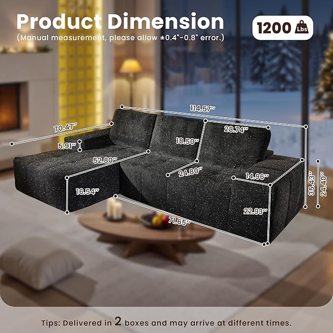 114 Glitter Cloud Sectional Couch with L-Shape Chaise Modern Boneless Couches for Living Room Fluffy Tufted Deep Seat Modular Sofa in a Box No Assembly