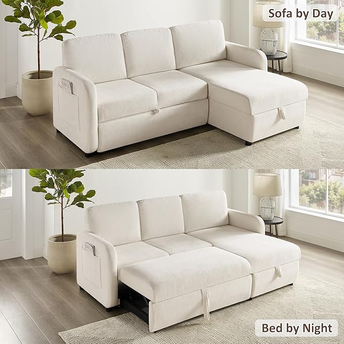 84-inch Sleeper Sofa Bed L-Shaped Corner Reversible Sleeper Sectional Sofa with Storage Chaise 2 in 1 Cloud Terry Convertible Pull Out Couch for Small Space Bedroom Apartment Office Living Room