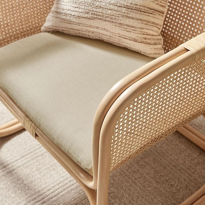 Ellis Natural Rattan Accent Armchair in Natural – Curved Low Lounge Chair with Cushioned Seat for Living Room Sunroom or Covered Patio