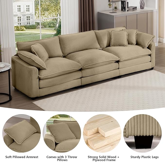 Aoowow Corduroy 3 Seater Sofa CouchModern Large Cloud Couches for Living RoomModular Sectional Cloud Sofas with Deep SeatOversized Tufted 3 Seat Sofa Set. (Tan 3 Seater)