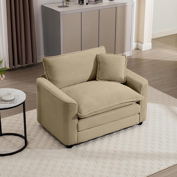 KEIKI 45 Oversized Corduroy Modular Sectional Single Sofa with High-Density Foam Cushions Removable Armrests Upholstered Modern 1-Seater Lounge Accent Chair with 1 Pillow for Living Room Tan