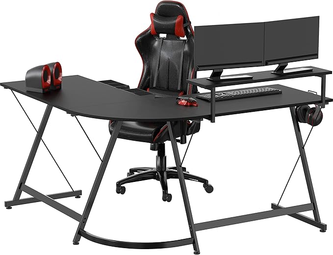 SHW 51 x 51 Inches Vista L-Shaped Desk with Monitor Stand and Drawer Black