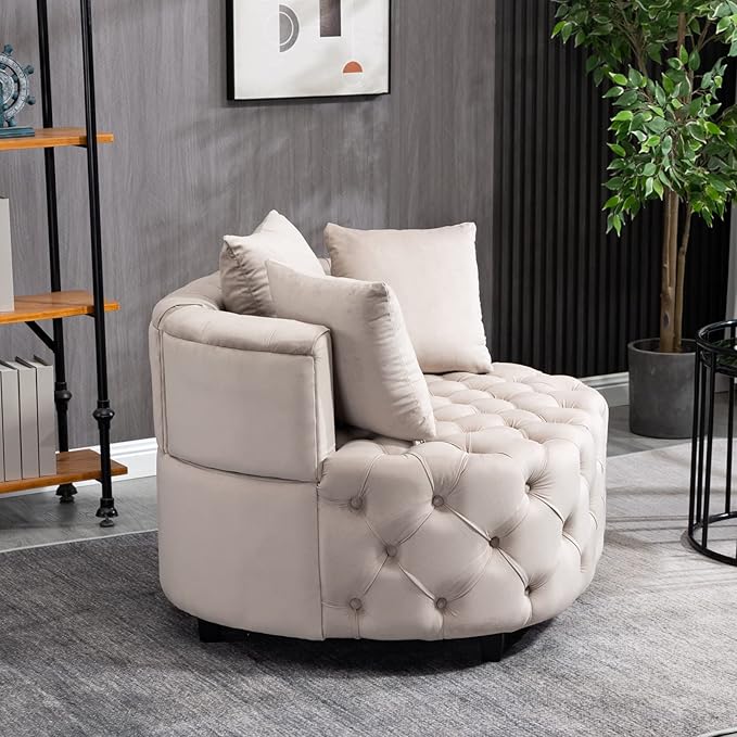 Round Accent Chair 40” Modern Velvet Sofa Chair with 3 Pillows Comfy Upholstered Tufted Club Lounge Chair for Living Room BedroomKhaki