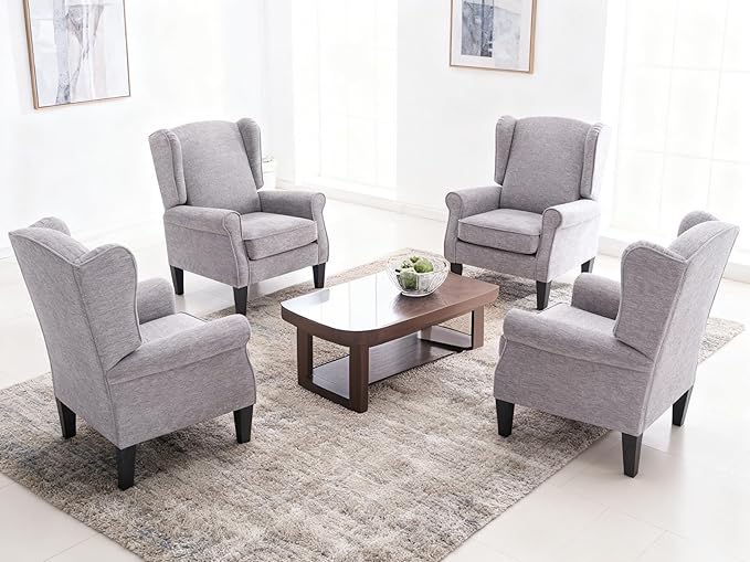 Accent Chair Set of 4 Modern Living Room Chairs with Wingback Comfy Upholstered High Back Single Sofa for Bedroom Mid-Century Reading Armchair Sillas para Sala
