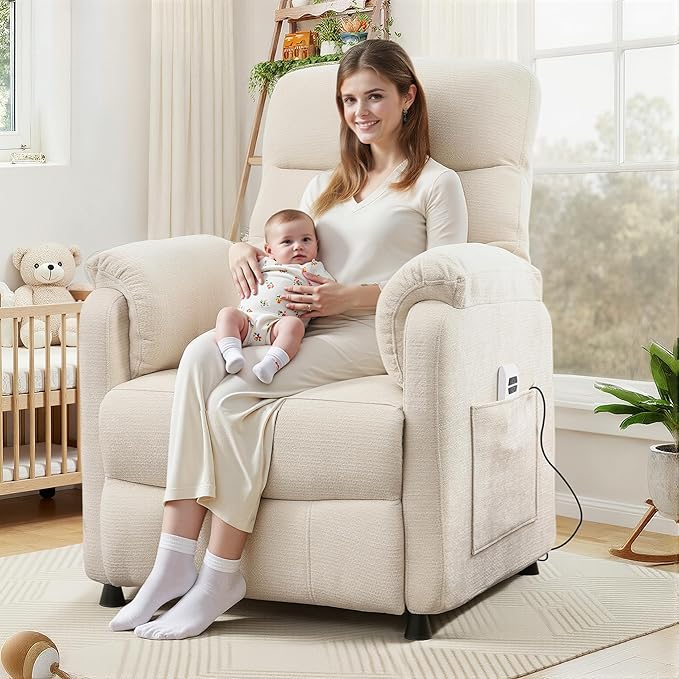 Electric Recliner Chair Power Recliner Sofa with Remote Adjustable Backrest and Side Pocket 7-Zone Support 350 LBS Soft Chenille Fabric Armchair for Living Room Bedroom Off White