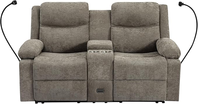 Chenille Fabric Manual Recliner Loveseat Sofa with Hidden Drawer Flip Console USB/Type-C Ports Phone Holder &amp Cup Holders Space-Saving Wall Hugger Couch for Small Spaces Apartments RVs Brow