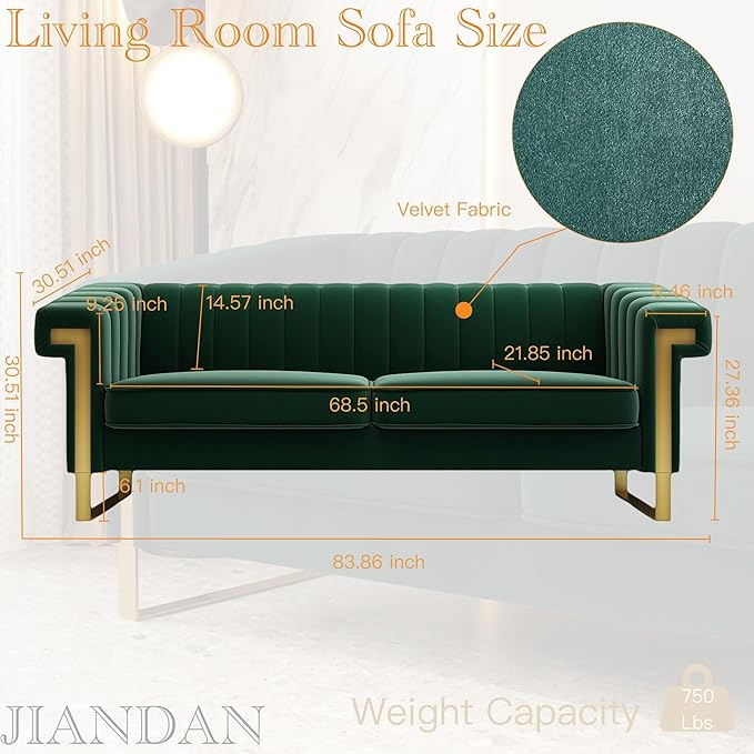 Mid-Century Modern Green Velvet Sofa with Gold Metal Legs 83.86 Luxury Chesterfield Comfy Couches for Living Room (Velvet Green)