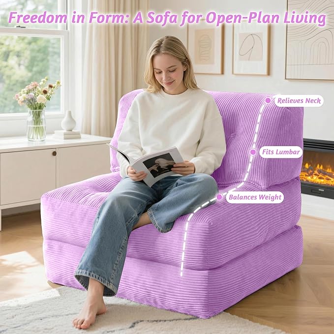 HABUTWAY Folding Sofa Bed Convertible Sleeper Chair Bed with Pillow &amp Handle Foldable Mattress with Back Support Portable Single Couch Comfy Floor Sofa Lounge for Living Room Bedroom(Light Pur