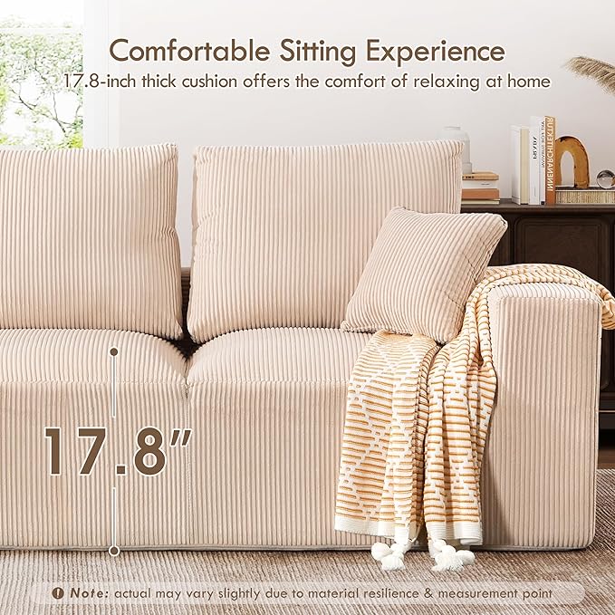 108 Modular Cloud Sectional Sofa 17.8 Comfort Height &amp Neck Pillow Modern Corduroy Couch with L-Shape Oversized Chaise for Living Room Bedroom No Assembly Required (Beige)