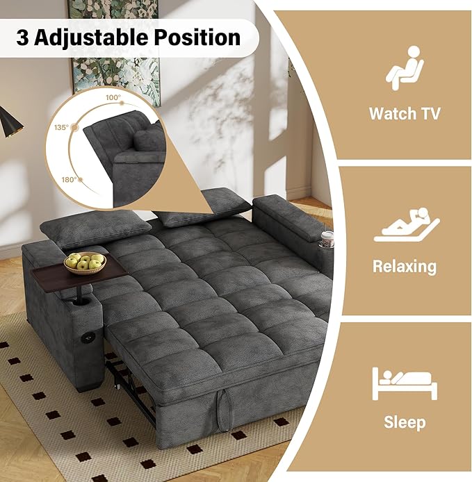 65'' Sleeper Sofa with Pull Out Bed 3 in 1 Convertible Sofa with Cup Holder and Storage Armrests Chenille Loveseat with Swivel Table Adjustable Backrest &amp Charging Ports for Living Room Grey