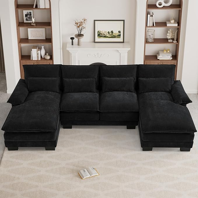 OUYESSIR 110 U Shaped Cloud Sectional Sofa with Deep Seat Cushions Modern Comfy Chenille Couch 4 Seater Fluffy Sectional Couches for Living Room with Double Chaise(Black)