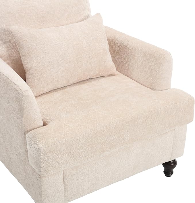 Mid Century Modern Accent Chair with 2 Pillows Chenille Upholstered Armchair with Solid Wood Legs and Thick Cushion Tufted Club Chair Comfy Reading Chair Lounge Chair for Living Room Bedroom Beige