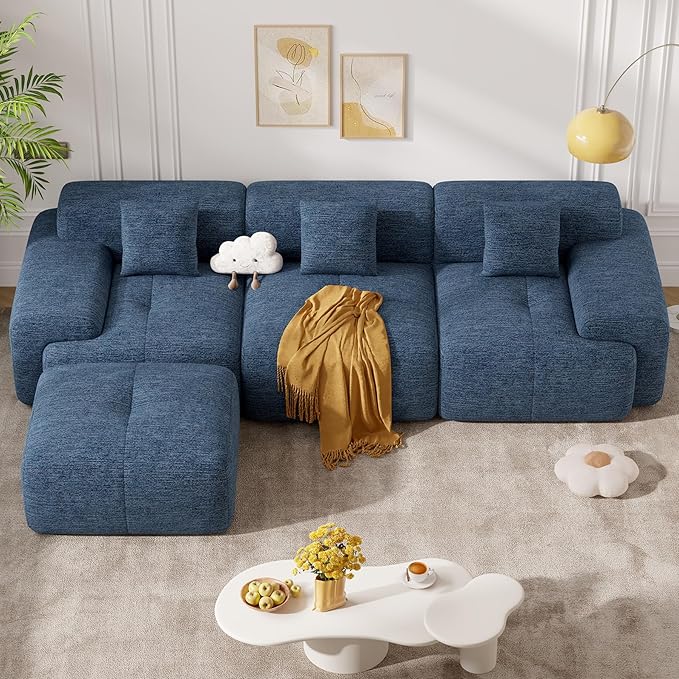 122 Modern L Shaped Modular Sectional Sofa Boneless Couches for Living Room with Ottoman4 Seater Convertible Chenille Cloud Couch Sofa Set No Assembly Required Blue 1 PCS