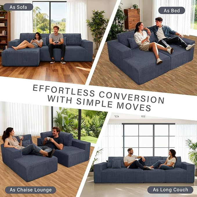 3 Pieces Boneless Couches for Living Room L-Shape Chaise Cloud Couch Modular Sectional Deep Seat 111 Compressed Couches for Living Room Bedroom Plush Corduroy Fabric No Assembly Required Dark Grey