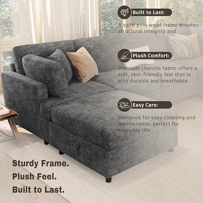 Modern Large Modular Sectional Couch U-Shape Sectional Sofa with Removable Ottoman Polyester Sofa 6-Seater Couch with Solid Wood Legs for Living Room (Gray-29J)