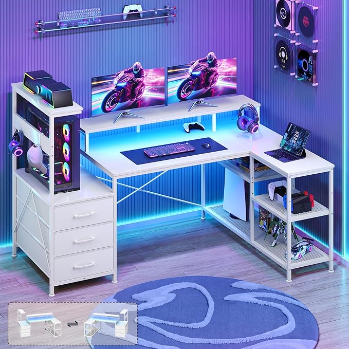L Shaped Gaming Desk with Drawers &amp Storage Shelves Corner Gaming Desk with Power Outlets &amp LED Light Reversible Computer Desk with Monitor Stand &amp Hooks White