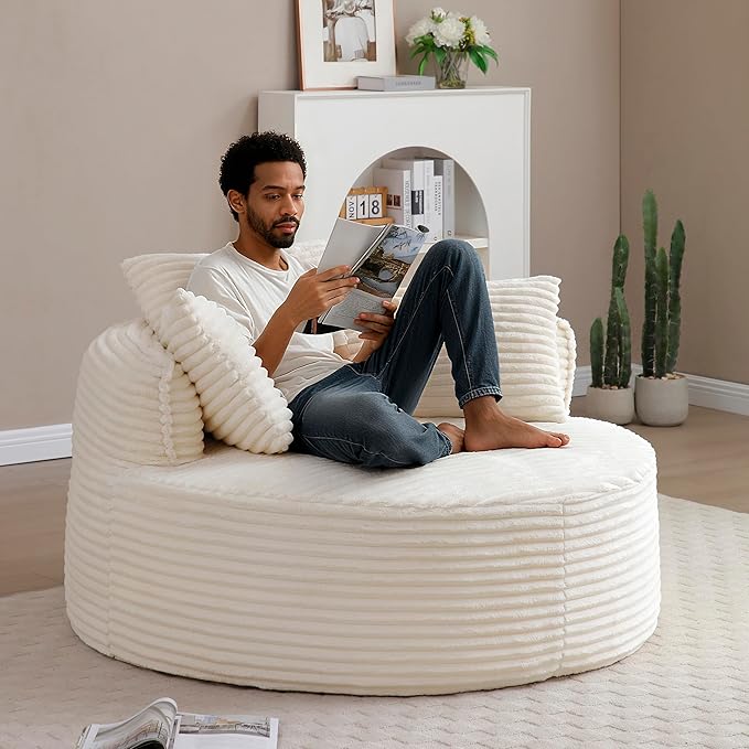 KEIKI 53.5 Oversized Round Chair Large Barrel Chairs Upholstered Accent Corduroy Single Sofa Armchair for Living Room Lounge Beige
