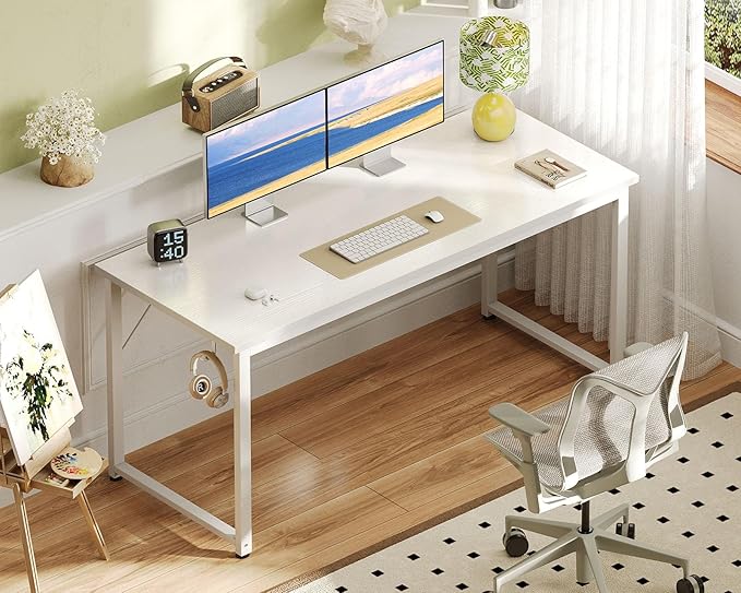 Casaottima 54 Inches Small Computer Desk Work Study Table for Home Office Kids Student Writing Desk with Headphone Hooks White