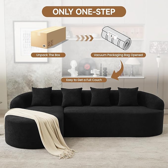 105 Boneless L Shaped Sectional Couch Curved Cloud Deep Seat Sofa with Chaise Lounge Oversized 4 Seater Couches for Living Room No Assembly Chenille Black