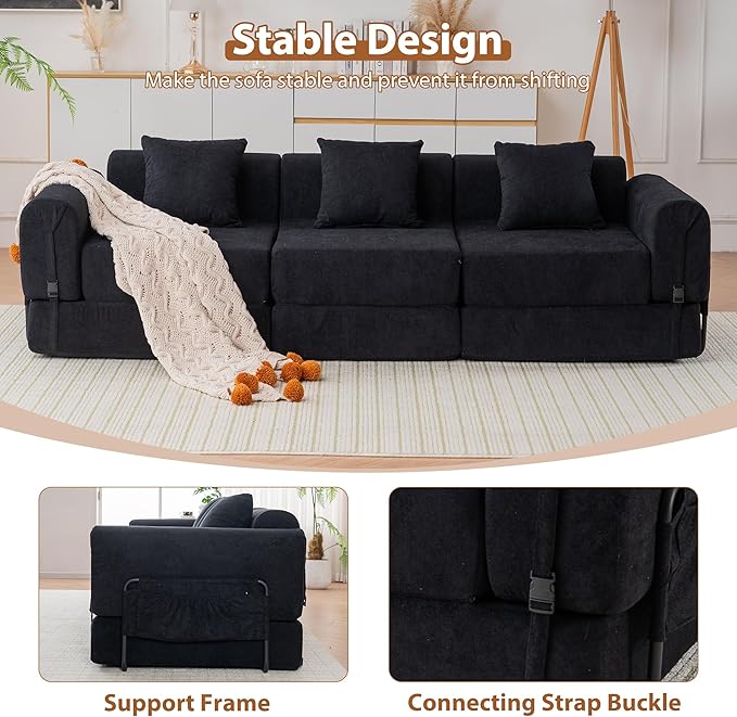 Cloud Modular Sectional Sofa Foldable Floor Couch Bed Convertible Sleeper Sofa Bed Fold Out Boneless Couches for Living Room Office Guest Room Apartment (3 Seater Couch Black)