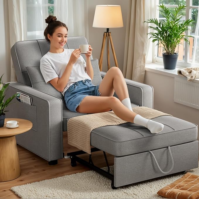 JUMMICO Sleeper Chair 3-in-1 Convertible Sleeper Sofa Bed for Adults Linen Fabric Pull Out Chair Bed with Adjustable Backrest Couches for Living Room Apartment Office Small Space (Light Gray)