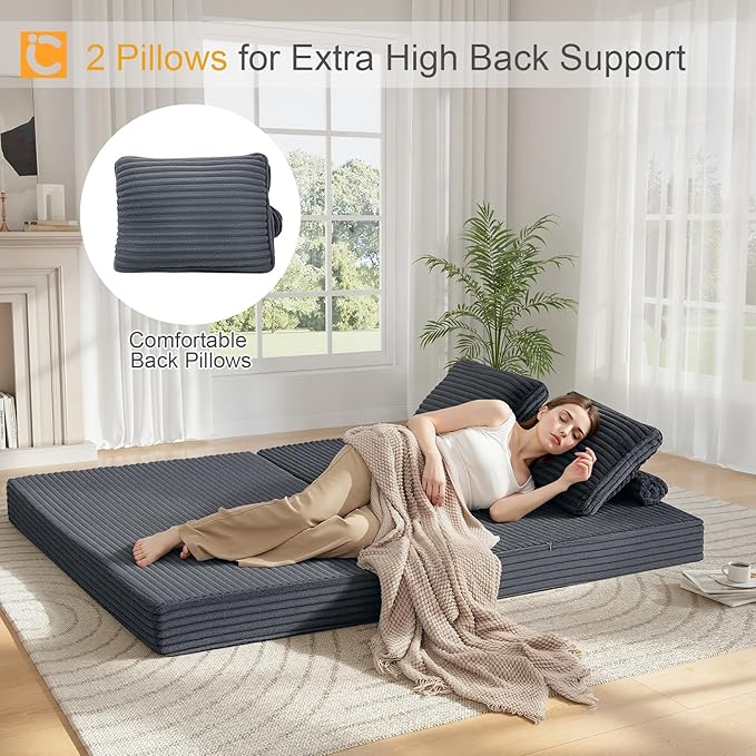 COMAX Convertible Sofa Bed Folding Floor Couch Corduroy Fold Out Couch Bed Futon Sleeper Mattress with Pillows Boneless Sofa Comfy Lounge Loveseat for Living Room Bedroom Plush Grey
