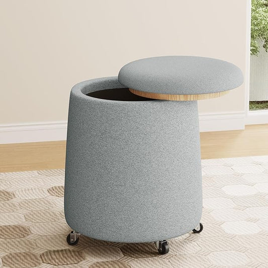 Storage Ottoman with Wheels 15W Swivel Rolling Foot Stool Boucle Terry Fabric Coffee Table Ottoman with Hidden Storage Round Vanity Stools for Makeup Room Living Room Bedroom Entryway Dorm Grey
