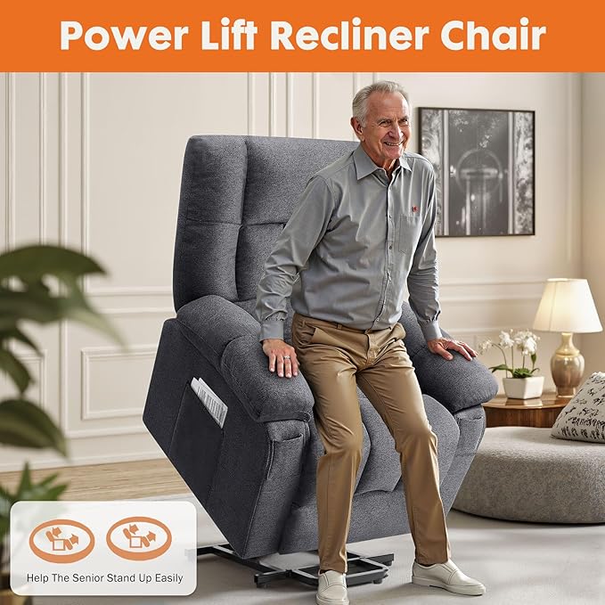 Sweetcrispy Power Lift Recliner Chair with Vibration Massage and Heat for Elderly Ergonomic Overstuffed Breathable Fabric Reclining Chair with 3 Pockets Remote Control Living Room Light Brown