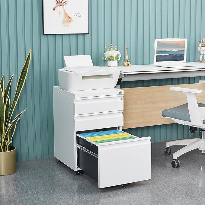 3 Drawer File Cabinet with 4 Wheels Capacity 120 Lb Locking File Cabinet- for A4 Letter-Head Legal-Size Folders - for Office&ampStudy White