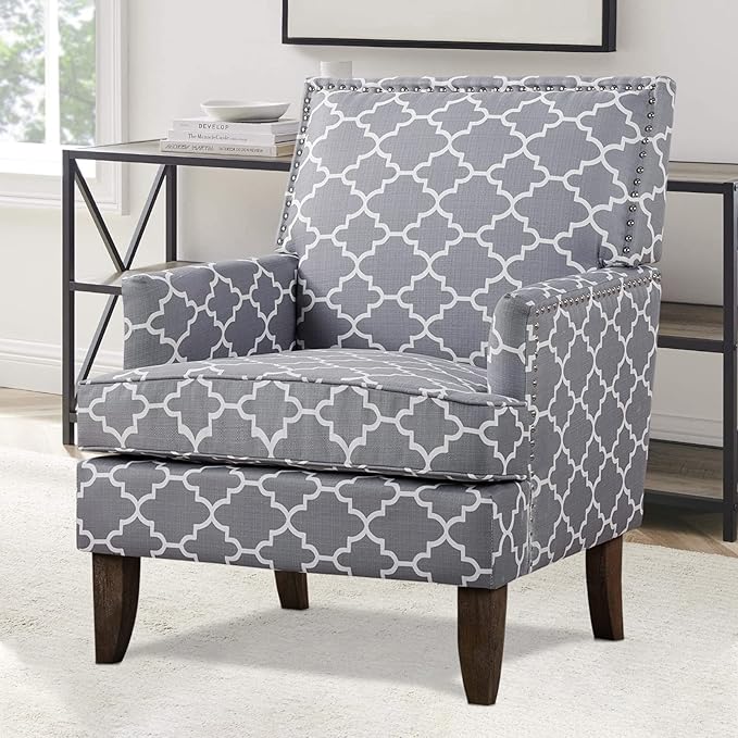 Modern Floral Accent Chair - Upholstered Wingback Club Chair for Living Room Bedroom &amp Reception | Multi-Purpose Fabric Furniture with Sturdy Frame | Comfortable Home Decor Seating (Grey)