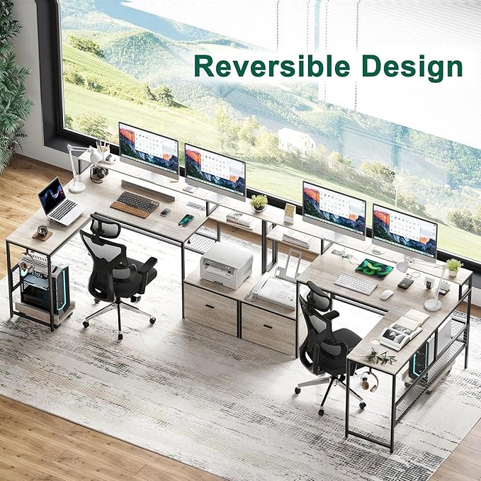 L Shaped Desk with Drawers 66 Home Office Desk with Power Outlet and Led Strip Reversible Computer Desk with Storage Shelves &amp Monitor Stand Large Corner Desk Gaming Desk Black