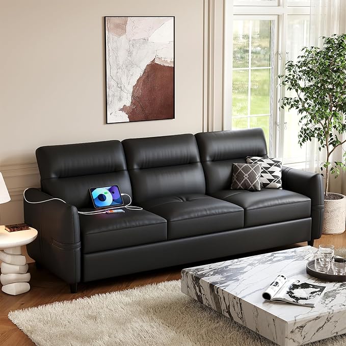 STHOUYN 85” Black Faux Leather Couch with USB 3 Seater Sofa for Living Room Large Mid Century Modern Office Couch for Apartment Bedroom
