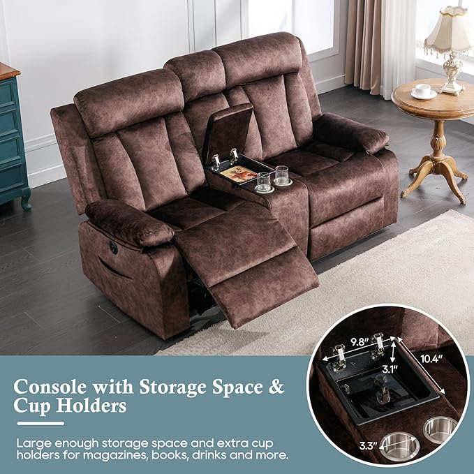 Reclining Loveseat-Power Reclining Loveseat with ConsoleDouble Recliner Loveseat with Heat and MassageElectric Loveseat Recliner with Cup HoldersUSB &amp Type-C Charge Ports for Living RoomRV