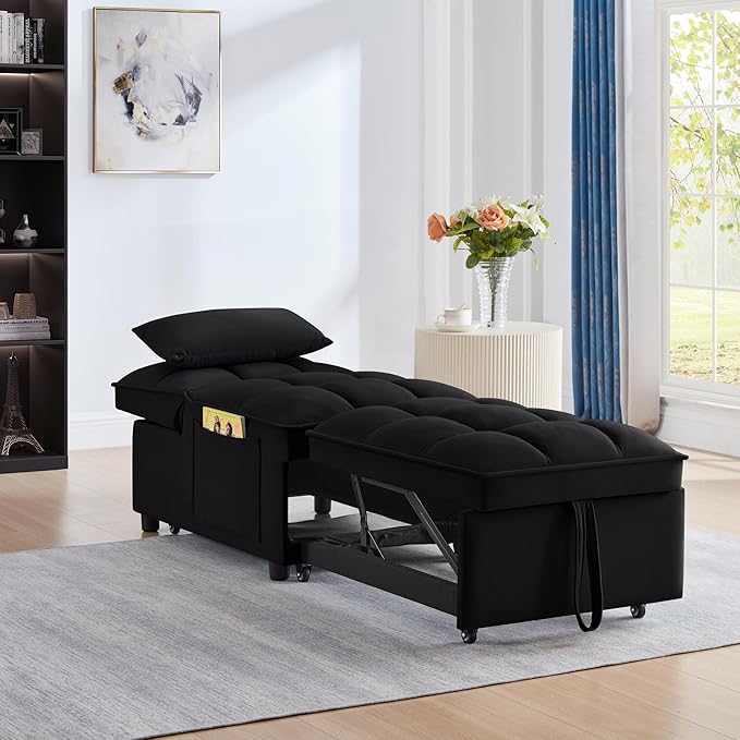 LUMISOL 4 in 1 Loveseat Sofa Bed with Armrests and Storage Pockets Multifunctional Tufted Pull-Out Sofa Bed with Adjustable Backrest and Pillows Convertible Loveseat Sofa Couch 1 Seat Black