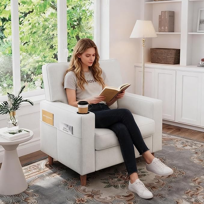 Actinidia Oversized Accent Chair with Cup HoldersMid Century Modern Upholstered Living Room ChairHigh Back Single Sofa ChairReading Armchair for Bedroom Apartment Waiting Room Office White