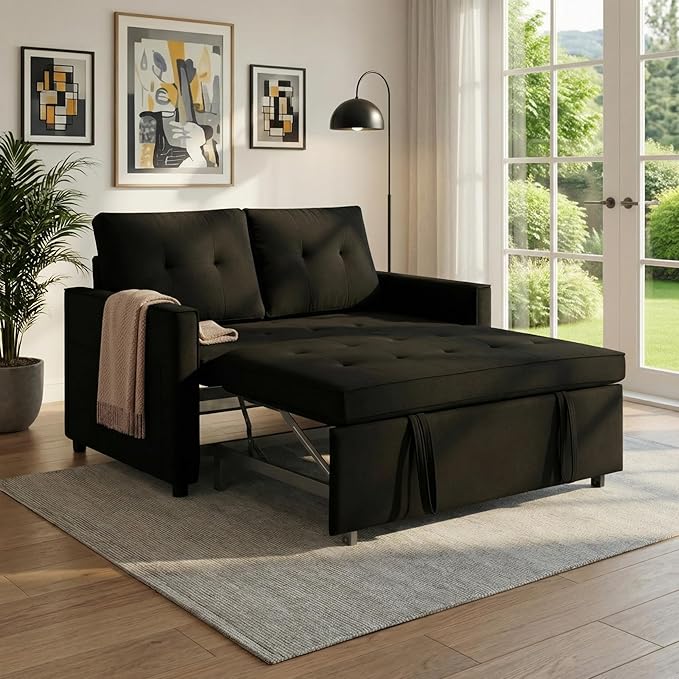 Sofa Bed Pull Out Couch with Side Pockets 3 in 1 Velvet Fabric Loveseat Sleeper Sofa Bed Pull Out Couch with Adjustable Backrest for Living Room Bedroom Apartment Black 53 Inch