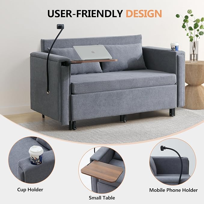 ORRD Pull Out Sofa Bed 2-in-1 Multi-Functional Sleeper Couch Small Loveseat Bed with Hidden Side Table Phone Holder and Cup Holder for Living Room Small Space Apartment (Grey)