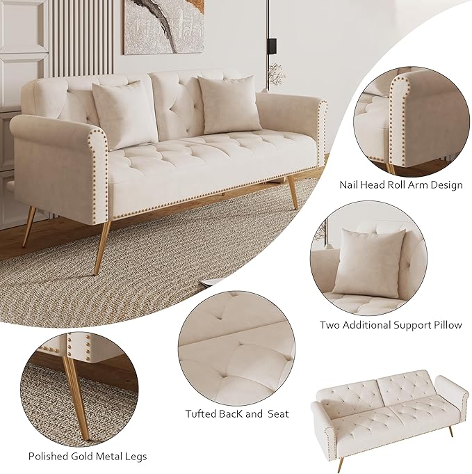 Stylish Velvet Sofa 70 Sofa Sleeper Convertible with Matching Pillows for Living RoomApartmentSmall Spaces (Beige)