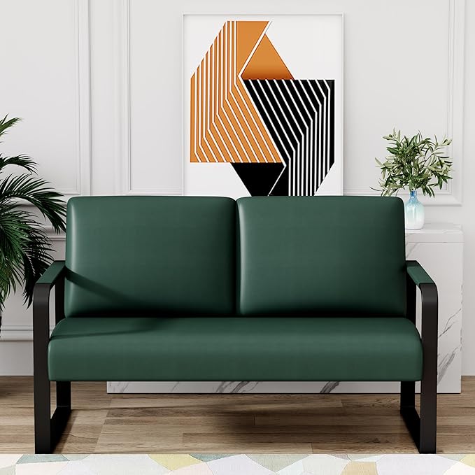 Love Seat Mini Couch Small Settee Loveseat Bench for Living Room Faux Leather Loveseat Sofa Sofa Couches for Small Spaces with Padded Cushion Mid Century Modern Green Love Seats