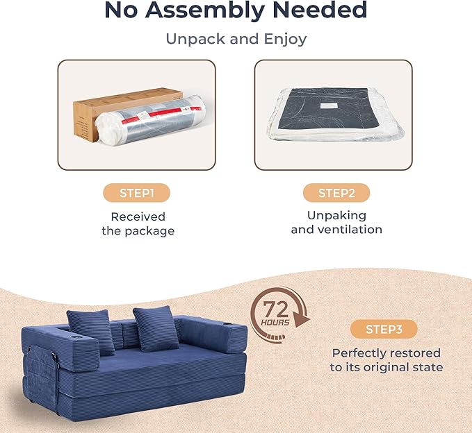 WELAX 72.8 Convertible Sleeper Sofa Bed Boneless Cloud Queen Futon Couches with Cupholders &amp Storage Pockets Corduroy Folding Floor Couch for Bedroom Apartment No Assembly Dark Blue