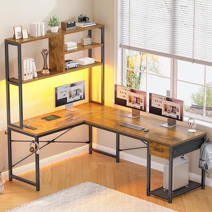 SEDETA L Shaped Gaming Desk 51.2 Reversible Small Corner Desk with Drawer Power Outlet &amp LED Lights Computer Desk with Storage Shelves for Small Space Rustic Brown
