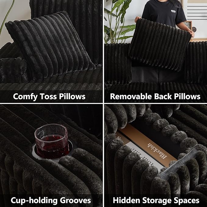 Aoowow 84 Corduroy Oversized 3-seater sofa with 2 Ottomans Modular Sectional Deep Seat Sofa with Back and Toss Pillows Modern Comfy Sofa with 2 Storage Spaces and Cup Grooves for Living Room Black