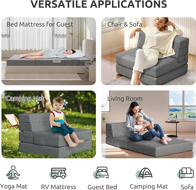 Youzi Foldable Sofa Bed Twin Sleeper Sofa Bed Couch for Guests 6 Inches Four-fold Foam Folding Chair for Home and Livingroom Washable Cover Dark Gray 75 x 39 x 6