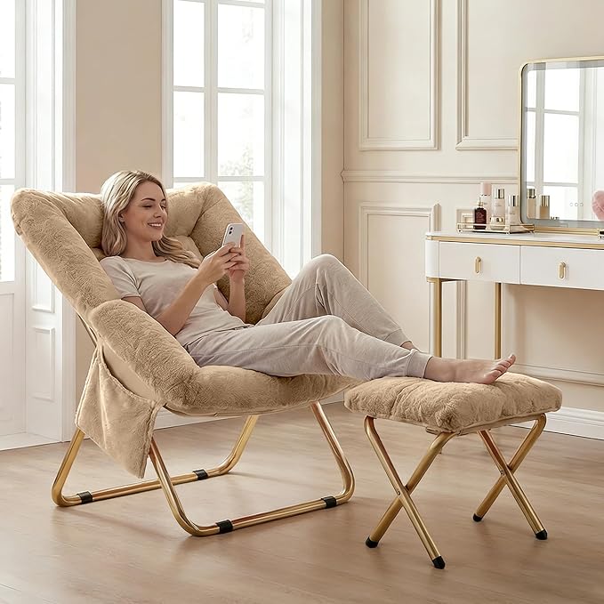 Comfy Saucer Chair for Adults Foldable Living Room Chairs Soft Faux Fur Lounge Chair for Bedroom Reading Chairs X-Large (Ottoman-Beige)